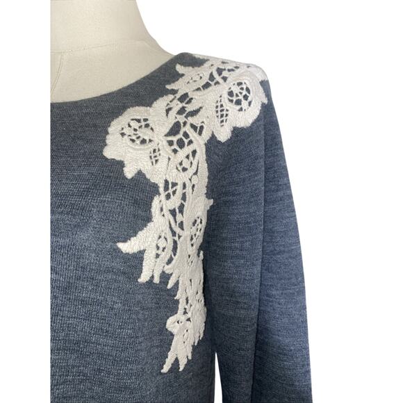 J. Crew Merino Wool Blend Gray Pullover Long Sleeve White Lace Sweater Sz Small - Picture 2 of 7